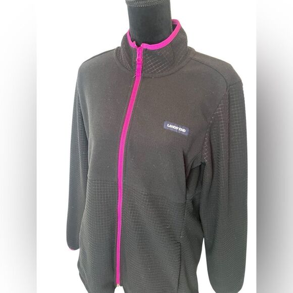 LANDS END BLACK GRID FLEECE ZIP UP WINTER JACKET WOMENS SIZE LARGE - Picture 8 of 11